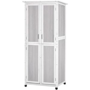 Outsunny Abri de jardin armoire de jardin sur pied dim. 77L x 58l x 175H cm 2 etageres 2 portes 3 crochets toit bitume etanche bois pin pre-huile gris blanc