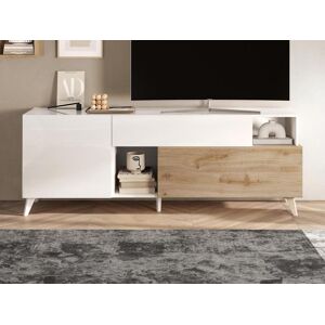 Vente-unique Meuble TV avec 2 portes, 1 tiroir et 2 niches - 181 cm - Blanc laque et naturel - DONALA