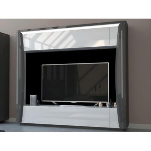 Vente-unique Mur TV 1 porte et 1 tiroir avec LEDs - Blanc et anthracite laqué - HAROUN