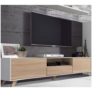 Pegane Meuble TV avec pieds coloris Blanc / Chene Cambrian - Longueur 183 x profondeur 35 x hauteur 44 cm