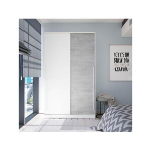 Pegane Armoire placard meuble de rangement 2 portes coulissantes en bois coloris blanc mat et gris ciment - Hauteur 200 x Longueur 120 cm x Profondeur 50 cm