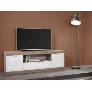 Vente-unique Meuble TV avec 2 portes, 1 tiroir et 1 niche - Naturel et blanc laqué - EVOLIA
