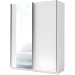 Price Factory Armoire, garde robe GOZU 150 cm deux portes coulissantes. Dressing complet avec miroir, penderie et étagères. Coloris blanc