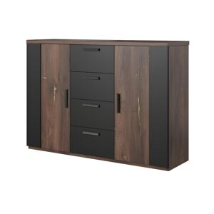 Price Factory Commode design 2 portes et 4 tiroirs 130cm. Collection FOX coloris chêne foncé et noir.