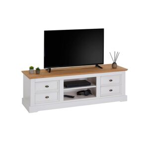 Idimex Meuble TV KENT banc television en pin massif lasure blanc et brun 144 x 46 x 45 cm, avec 4 tiroirs et 2 niches