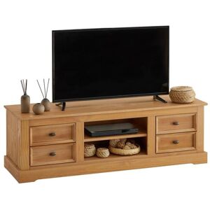 Idimex Meuble TV KENT banc television en pin massif finition ciree 144 x 46 x 45 cm, avec 4 tiroirs et 2 niches