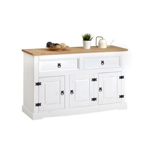 Idimex Buffet TEQUILA commode bahut vaisselier en bois style mexicain avec 2 tiroirs et 3 portes battantes, en pin lasuré blanc et brun