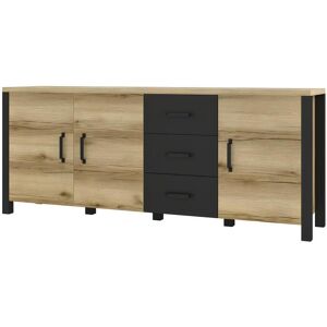 Meublorama Buffet XL 190cm collection DARWIN. Couleur chene clair et noir. 3 portes et 3 tiroirs