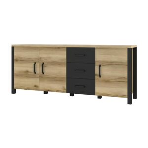 Price Factory Buffet XL 190cm collection DARWIN. Couleur chêne clair et noir. 3 portes et 3 tiroirs