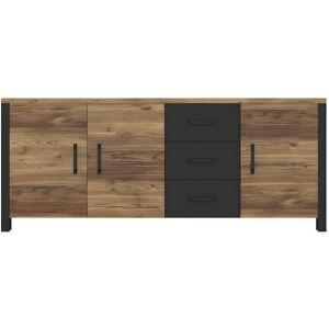 Meublorama Buffet XL 190cm collection DARWIN. Couleur epicea et noir. 3 portes et 3 tiroirs