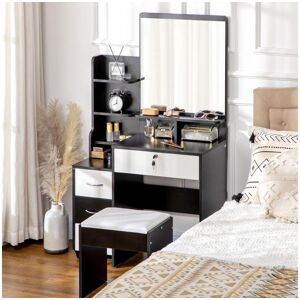 Homcom Ensemble coiffeuse tabouret design contemporain multi rangement 4 tiroirs 4 etageres grand miroir noir blanc