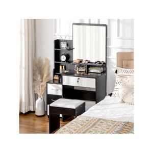 Homcom Ensemble coiffeuse tabouret design contemporain multi-rangement 4 tiroirs 4 étagères grand miroir noir blanc