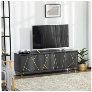 Homcom Meuble TV banc TV style art déco - 3 portes, 2 étagères - piètement épingle métal doré MDF aspect marbre noir rainures dorées