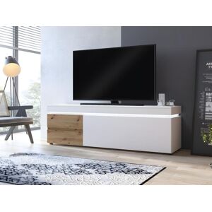 Vente-unique Meuble TV 1 porte et 2 tiroirs avec LEDs - Naturel et blanc laque - DOLONA