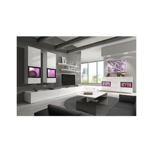 Meublorama Ensemble meubles de salon design collection RAMOS Coloris blanc brillant LED integrees