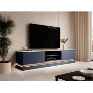 Meuble TV 2 tiroirs et 2 niches avec LEDs en MDF - Bleu et effet marbre blanc - DEVIKA de Pascal MORABITO