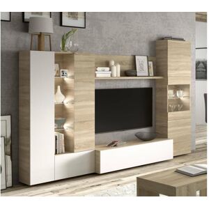 Dmora Paroi amenagee Raleigh Meuble TV modulable pour le salon Composition pour salon avec elements hauts et vitrines avec lumiere led 260x42h185 cm Chene et Blanc