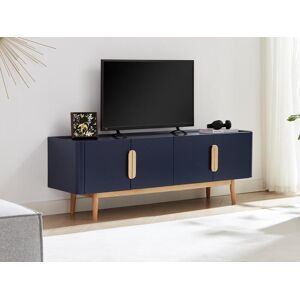 Vente unique Meuble TV avec 4 portes en MDF et bois dhevea Bleu et Naturel clair DUNELON