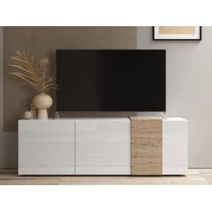Vente-unique Meuble TV avec 3 portes - Blanc et naturel clair - CAYNO