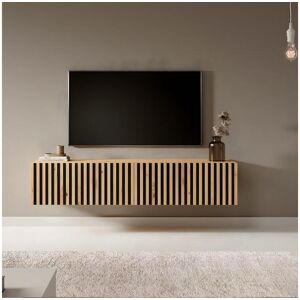 Meuble TV 140 cm - en chêne artisan avec façade fraisée et inserts noirs - TELIRE