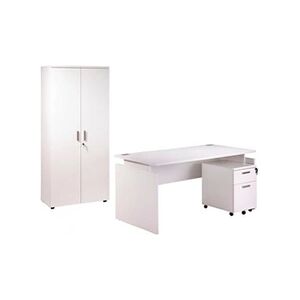 Beaux Meubles Pas Chers Pack Bureau 160 + Caisson 2 Tiroirs + Armoire Blanc INEO - L 80 x l 160 x H 72 cm - Publicité