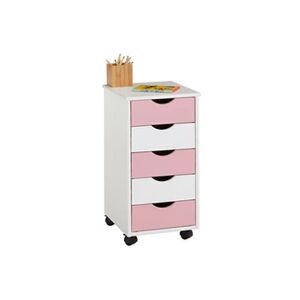 Idimex Caisson de bureau LAGOS meuble de rangement sur roulettes avec 5 tiroirs, en pin massif lasuré blanc et rose - Publicité