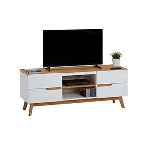 Idimex Meuble tv tibor banc télé de 149 cm au style scandinave design vintage nordique avec 4 tiroirs 2 niches, en pin massif lasuré blanc - Publicité