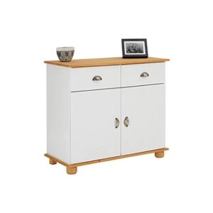 Idimex Buffet COLMAR commode bahut vaisselier meuble bas rangement avec 2 tiroirs et 2 portes, en pin massif lasuré blanc et brun - Publicité