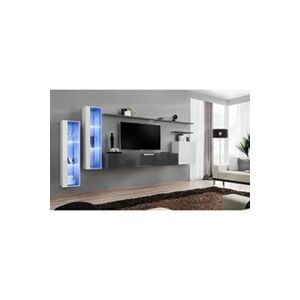 AC-Deco Ensemble mural - Switch XI - 2 vitrines LED - 1 banc TV - 1 vitrine carrée - 3 étagères - Blanc et graphite - Modèle 1 - Publicité