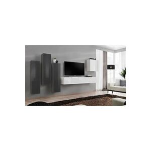 AC-Deco Ensemble mural - Switch III - 3 vitrines verticales - 1 banc TV - 1 vitrine carrée - Blanc et graphite - Modèle 2 - Publicité