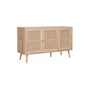 Sweeek Buffet de rangement en cannage 120x39x70cm - Bohème - 2 niveaux 3 portes pieds scandinaves - Publicité