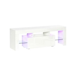 HOMCOM Meuble TV LED style contemporain - grand tiroir, niche, 2 étagères verre - panneaux particules MDF blanc laqué - Publicité