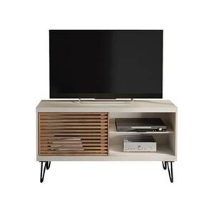 Beaux Meubles Pas Chers Meuble TV 50 Pouces Blanc et Chêne 1 Porte 3 Niches Pieds Métal - L 120 x l 33 x H 65 cm - Publicité