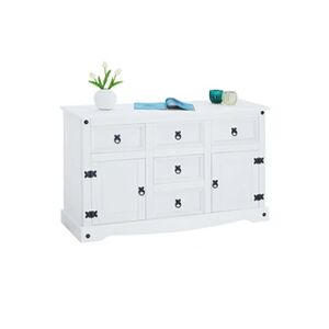 Idimex Buffet RURAL commode bahut vaisselier en pin massif blanc avec 5 tiroirs et 2 portes, meuble de rangement style mexicain en bois - Publicité