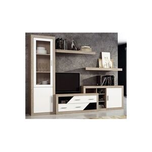 Pegane Ensemble de salon, meuble TV + set de 2 etageres murales + meuble bas + vitrine coloris chene cambrian,blanc -- - Publicité