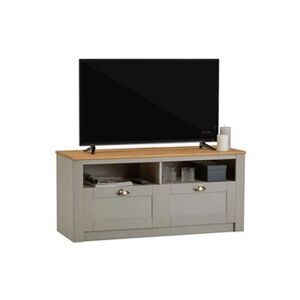 Idimex Meuble TV BOLTON 2 tiroirs de rangement, meuble télé design campagne en pin massif gris et brun - Publicité