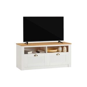 Idimex Meuble TV BOLTON 2 tiroirs de rangement, meuble télé design campagne en pin massif blanc et brun - Publicité