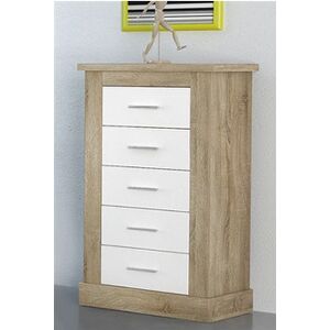 Pegane Chiffonnier avec 5 tiroirs coloris Chene cambrian, blanc - Longueur 66 x profondeur 39,6 x hauteur 107 cm -- - Publicité