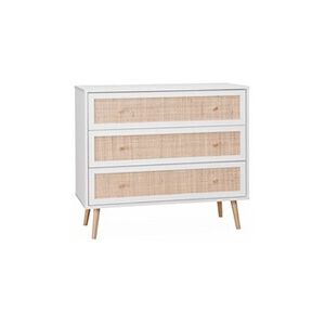 Sweeek Commode en décor bois blanc et cannage 90x39x79cm - Bohème - 3 tiroirs - Publicité