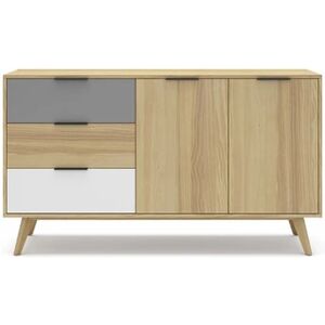 Pegane Buffet en pin massif chêne blanc et gris, meuble de rangement - Longueur 140 x Profondeur 40 x Hauteur 80 cm-- - Publicité