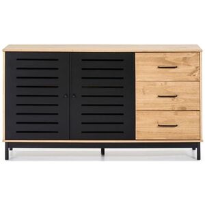 Pegane Buffet en pin massif noir, meuble de rangement coloris chêne - Longueur 141 x Profondeur 40 x Hauteur 80 cm-- - Publicité