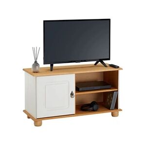 Idimex Meuble TV BELFORT banc télé de 94 cm en bois avec 1 porte et 2 niches, en pin massif lasuré blanc et brun - Publicité