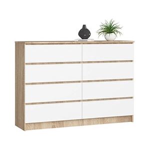 Akord Commode K140 Chêne Sonoma 138 cm 8 tiroirs façade Blanche 138x40x99 cm - Publicité