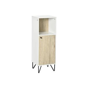 Kleankin Meuble bas de salle de bain porte étagère niche piètement épingle acier noir panneaux blanc aspect bois clair - Publicité