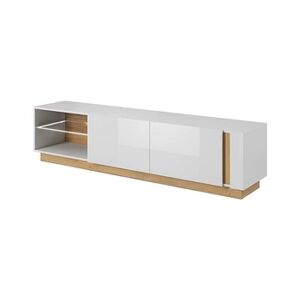 Vente-Unique Meuble TV MURARI - 2 portes et 2 niches - Avec LEDs - Blanc brillant et chêne - Publicité