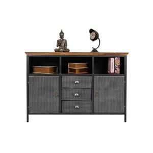 Pegane Buffet, meuble de rangement en bois et métal avec 2 portes et 3 tiroirs coloris noir, naturel - Longueur 121,5 x Profondeur 36 x Hauteur 82,5 cm - - - Publicité