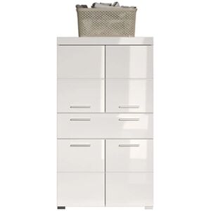 Pegane Commode de rangement avec 4 portes de salle de bain coloris blanc brillant, blanc mat - Longueur 73 x hauteur 132 x profondeur 31 cm - - - Publicité