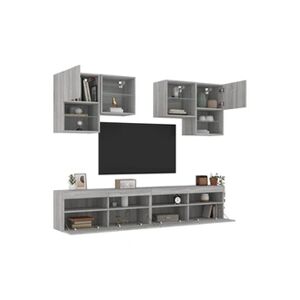 VIDAXL Ensemble de meubles TV muraux 6pcs et lumières LED sonoma gris - Publicité