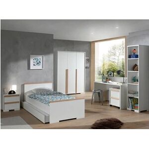 Non renseigné Chambre enfant 5 pièces lit chevet bureau caisson et armoire 3 portes bois hêtre blanc mat London 90x200 cm - Publicité