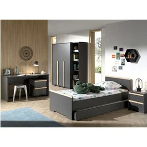 Non renseigné Chambre enfant 5 pièces lit chevet bureau caisson et armoire 3 portes bois gris anthracite London 90x200 cm - Publicité